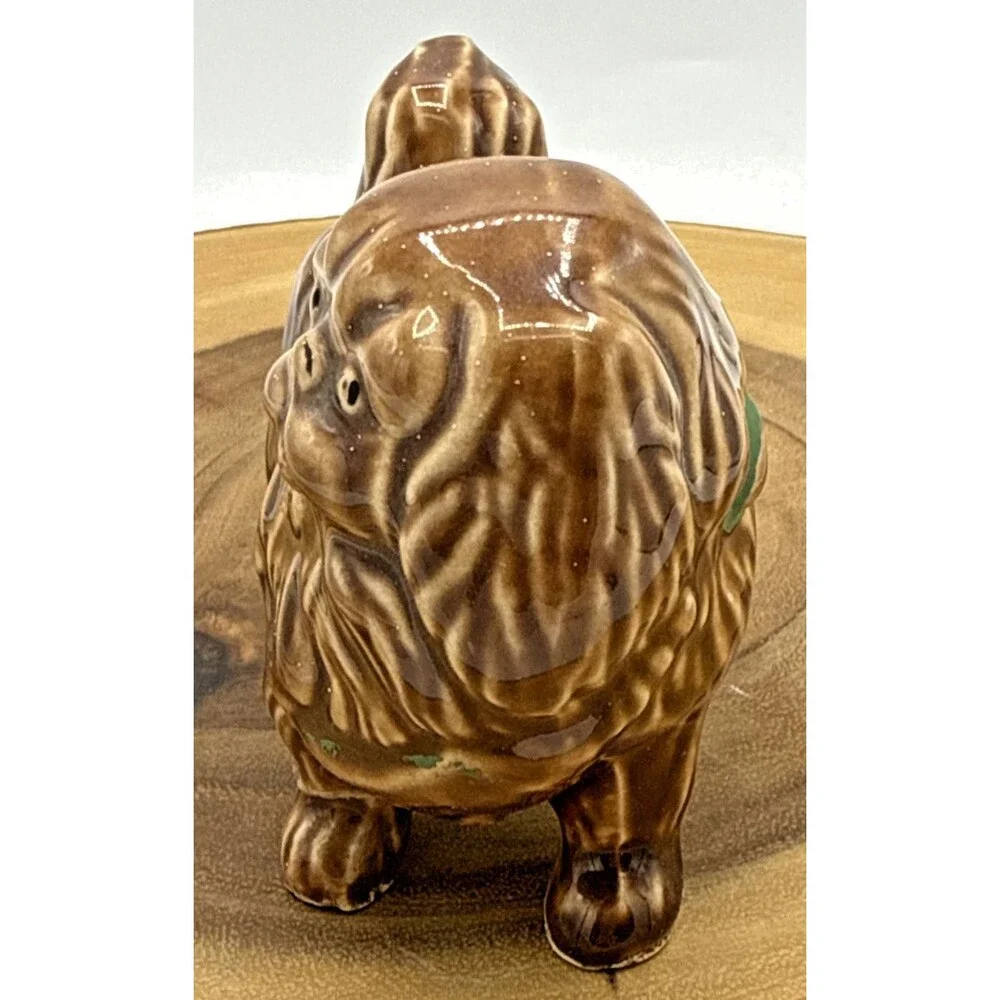 Vintage Porcelain Pekingese Figurine Pekingese Brown Dog W/Green Bow 3.5